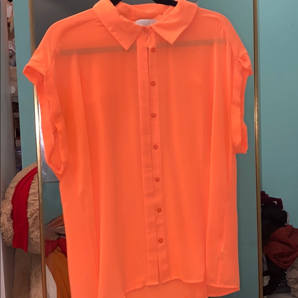 Sheer vivid orange button down